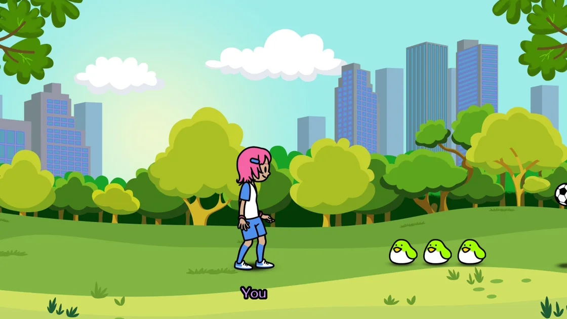 Rhythm Paradise Groove screenshot showing a cartoon person in a park with three little green birds