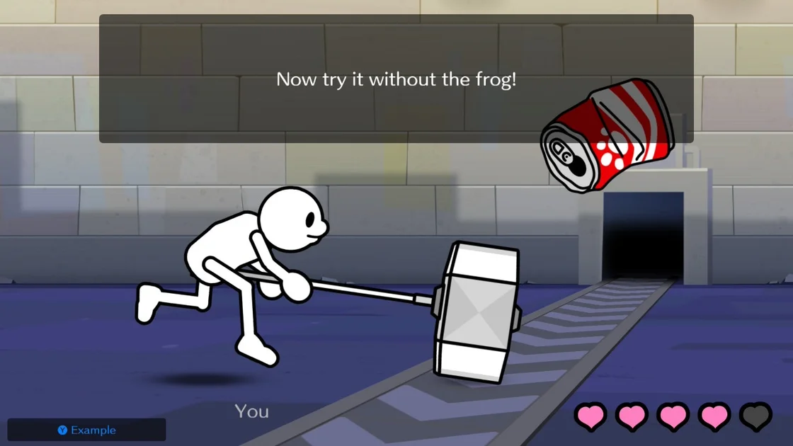 Rhythm Paradise Groove screenshot showing a cartoon sketch of a man whacking a conveyor belt with a hammer and an empty red drinks can flying up in the air