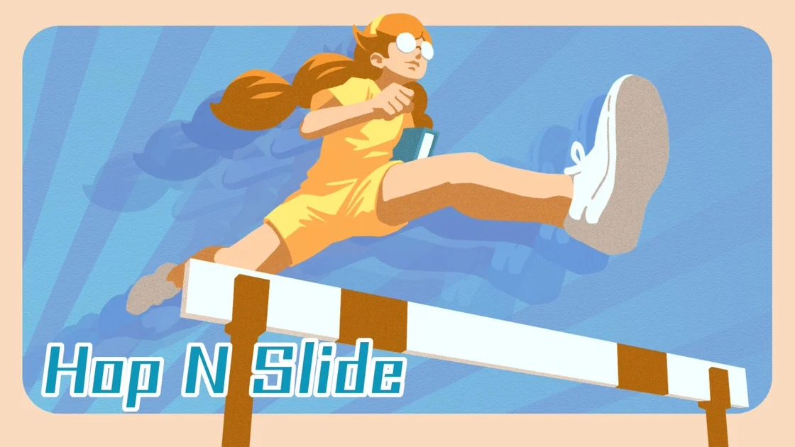 Rhythm Paradise Groove screenshot showing an illustration of a person jumping over an athletics hurdle with the caption Hop N Slide