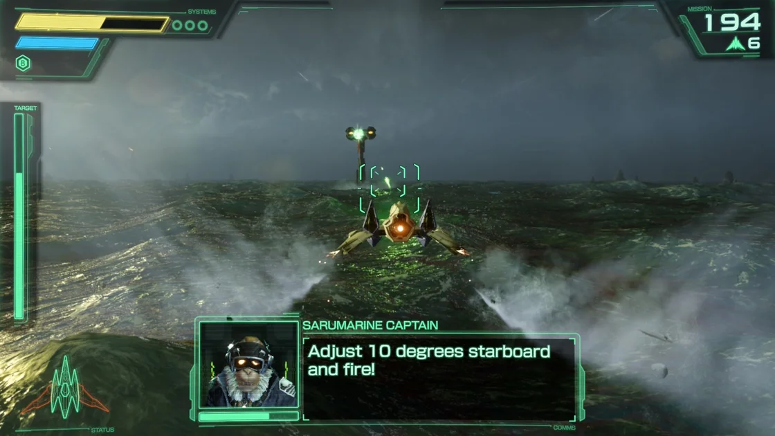 Star Fox screenshot showing you flying low over an ocean as Sarumarine says "Adjust 10 degrees starboard and fire!"