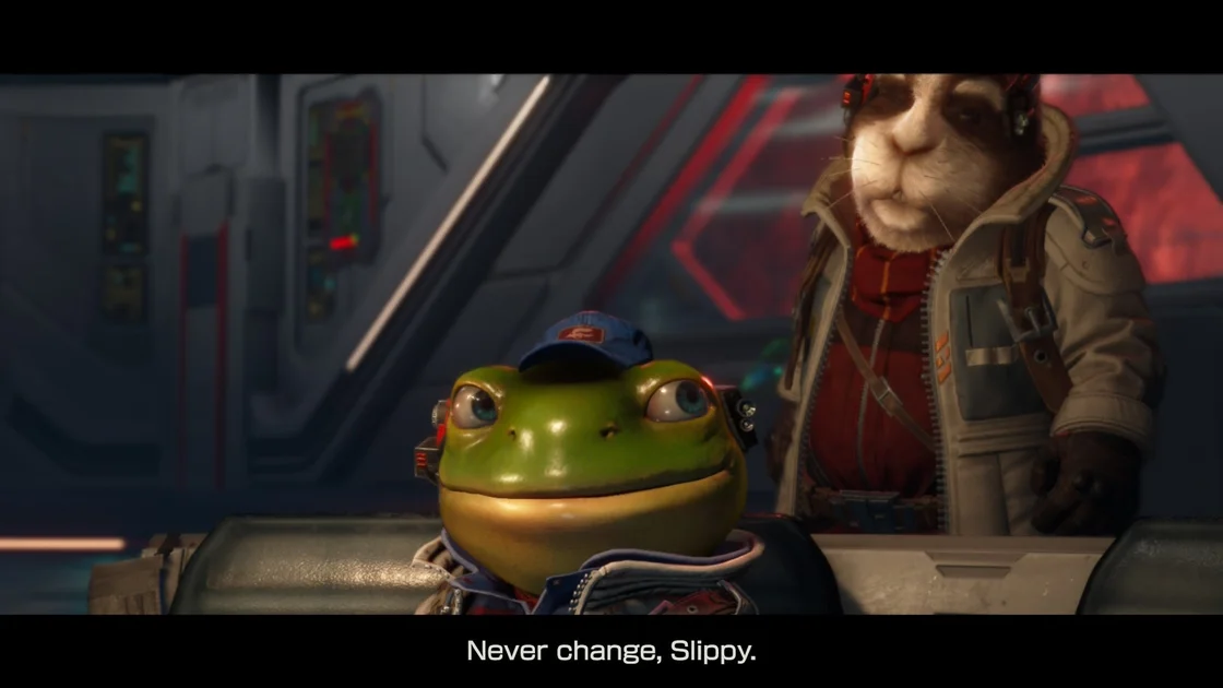 Star Fox screenshot showing Slippy in a cutscene, with the dialogue reading: Never change, Slippy.