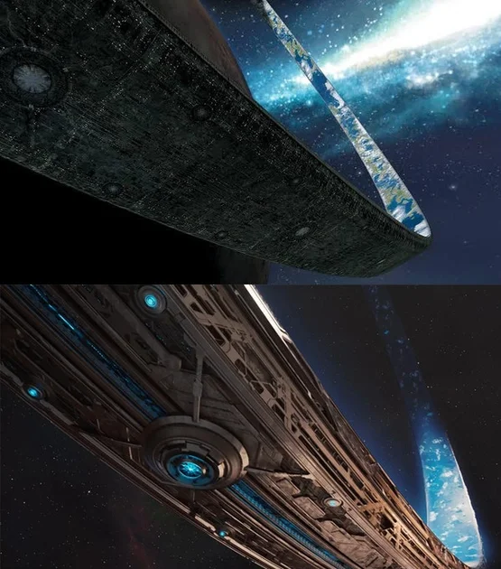 A comparison of two Halo rings, one in the original game, one in the remake.