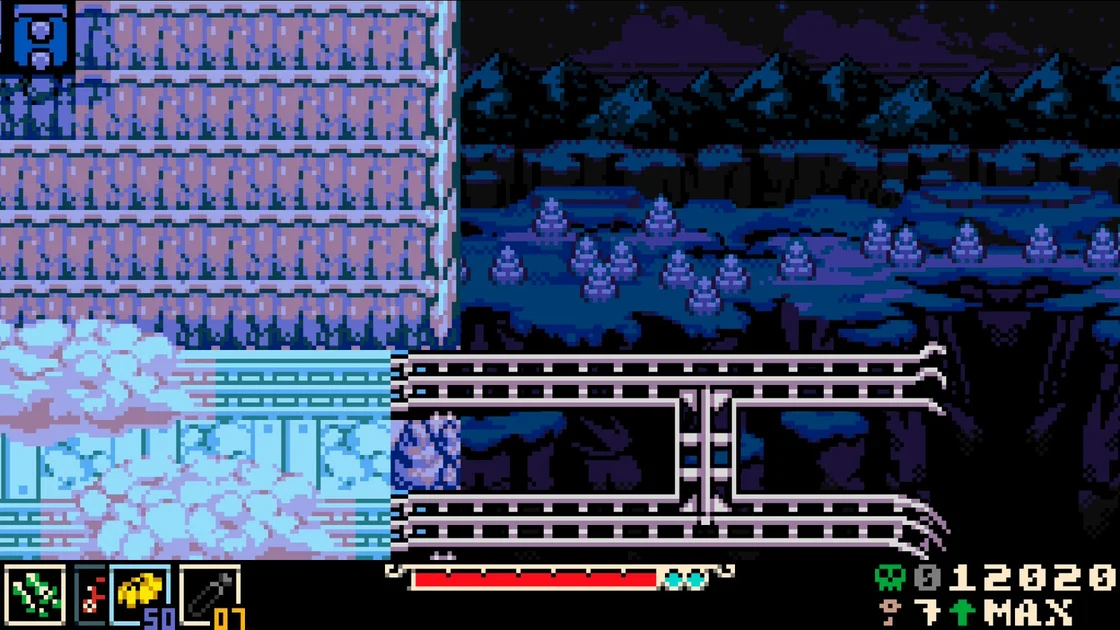 Mina the Hollower screenshot showing, in 8-bit style, an icy area with broken train tracks off a cliff