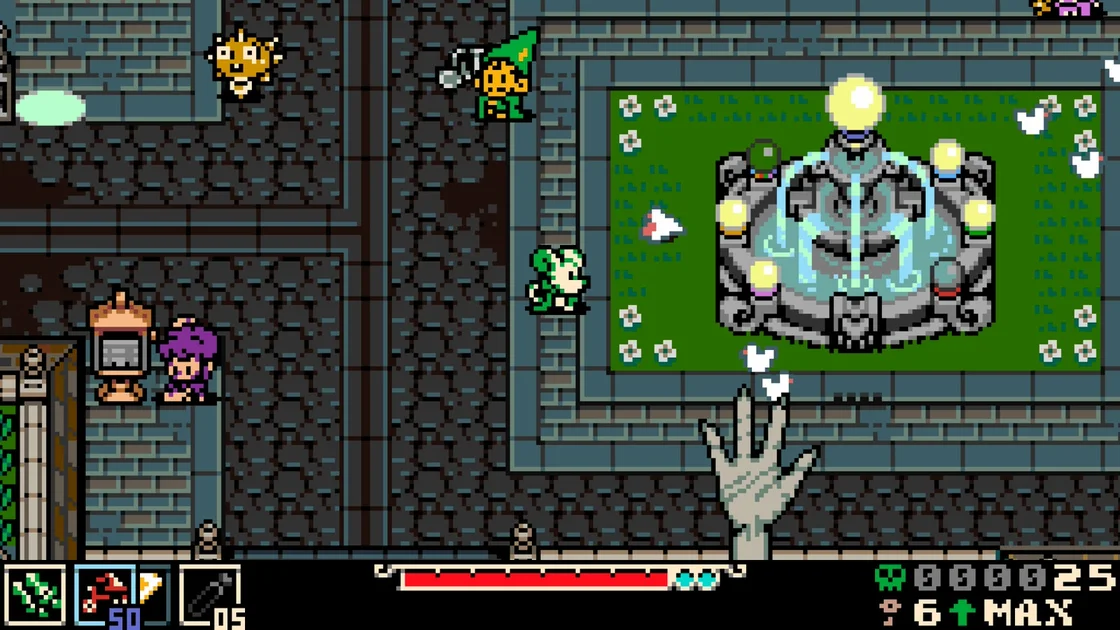 Mina the Hollower screenshot showing, in 8-bit style, you approaching a fountain in a courtyard