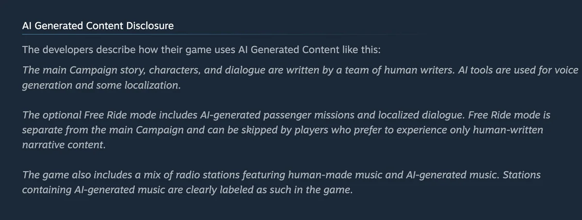 AI Generated Content Disclosure for a game, detailing how the main Campaign story, characters, and dialogue are human-written with AI for voice generation and localization, the optional Free Ride mode includes AI-generated missions and dialogue, and radio stations feature both human and AI-generated music.