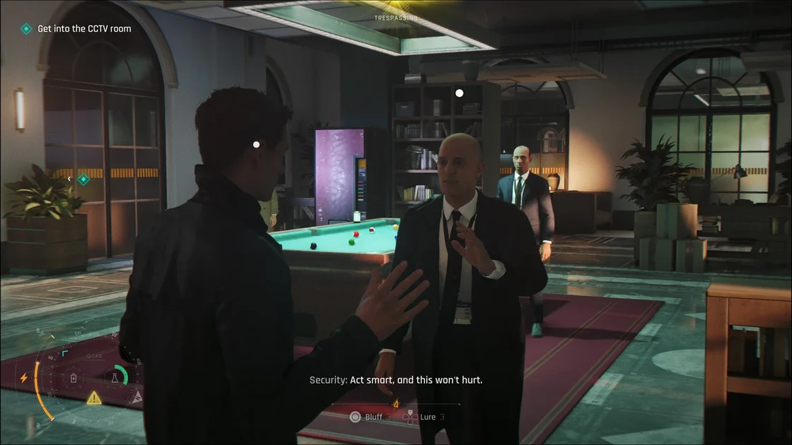 A screenshot of 007 First Light, showing Bond faking surrender to a security guard.