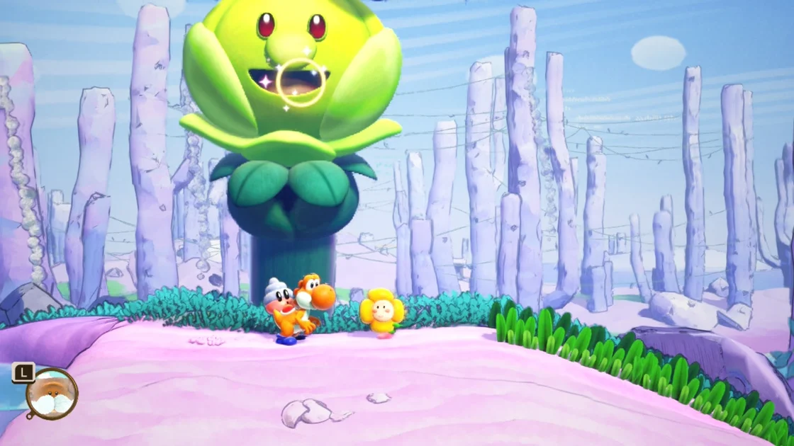 Yoshi and the Mysterious Book screenshot showing an orange Yoshi in front of a large green flower with a face on it