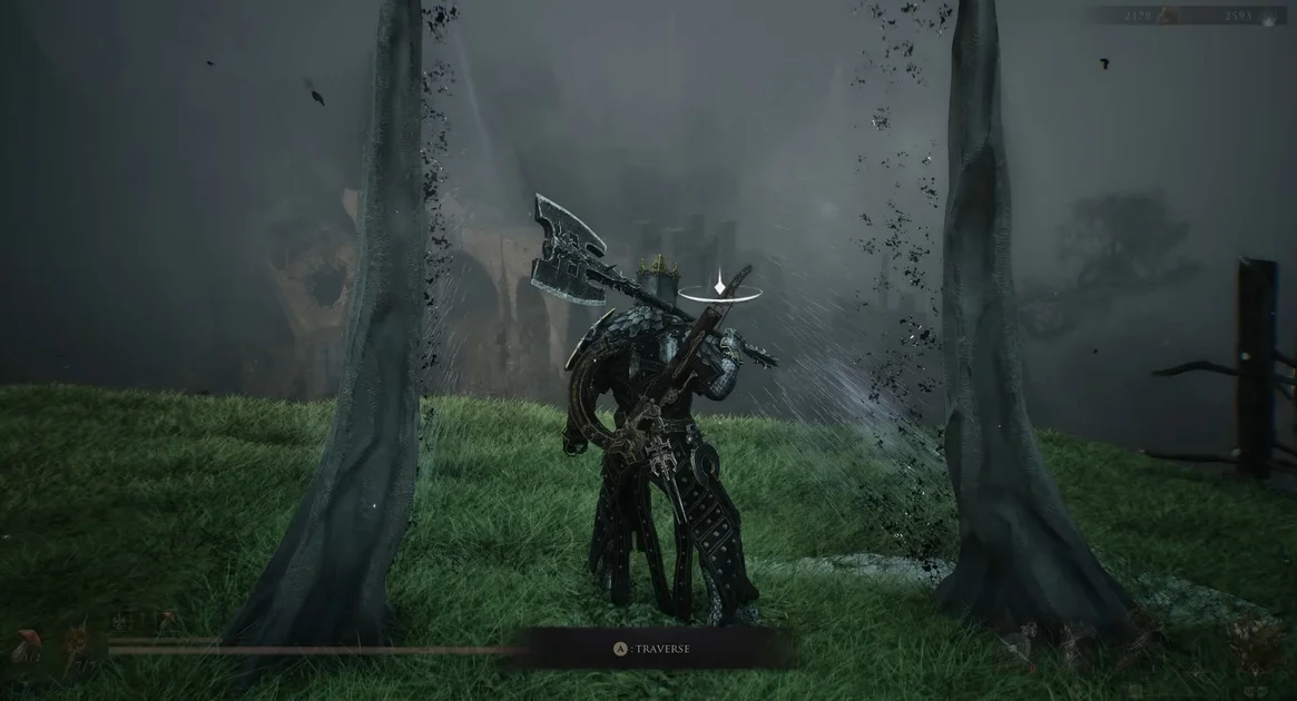 Mortal Shell 2's Eredrim seen just before using a warp gate to traverse a vast distance in the open world .