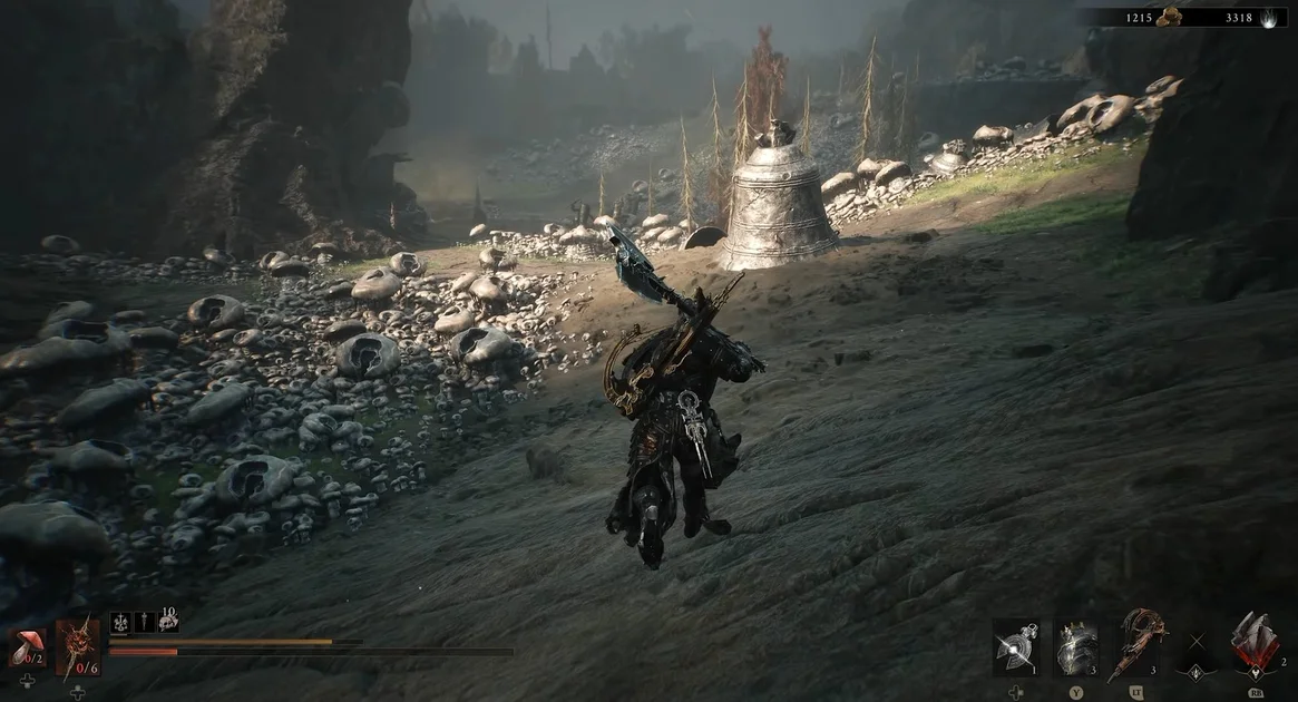 Mortal Shell 2's Eredrim runs through an area with with visible large mushrooms covering the ground, and a giant bill buried into the sand.