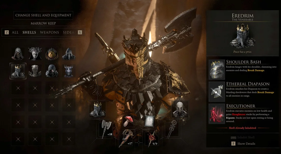 A screenshot showing the Shell inventory screen in Mortal Shell 2, with Eredim at the centre and icons for all eight Shells sorted in a grid on the left.