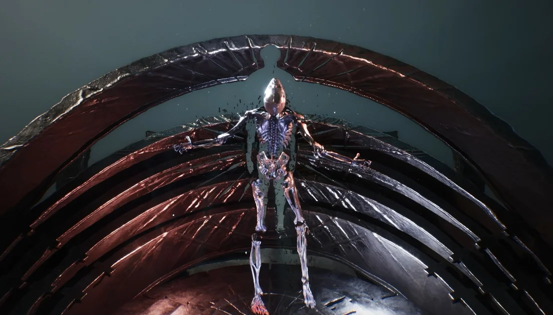 A screenshot showing Mortal Shell 2's protagonist stripped down to their skeletal form as they use the fast travel device.