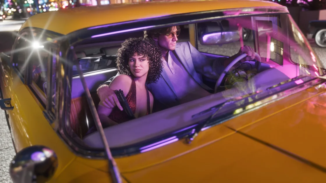 Official GTA 6 image showing Jason and Lucia in the Vapid Stainer