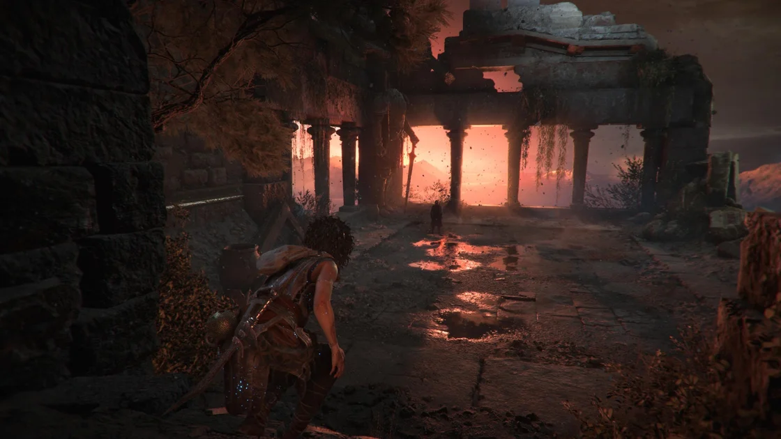 Resonance: A Plague Tale Legacy screenshot showing Sophia crouch-walking towards an unidentified figure, silhouetted against a handsome sunset