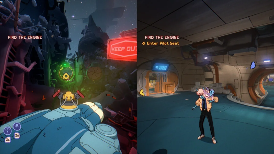 Orbitals screenshot showing the spaceship's exterior on one half and interiors on the other