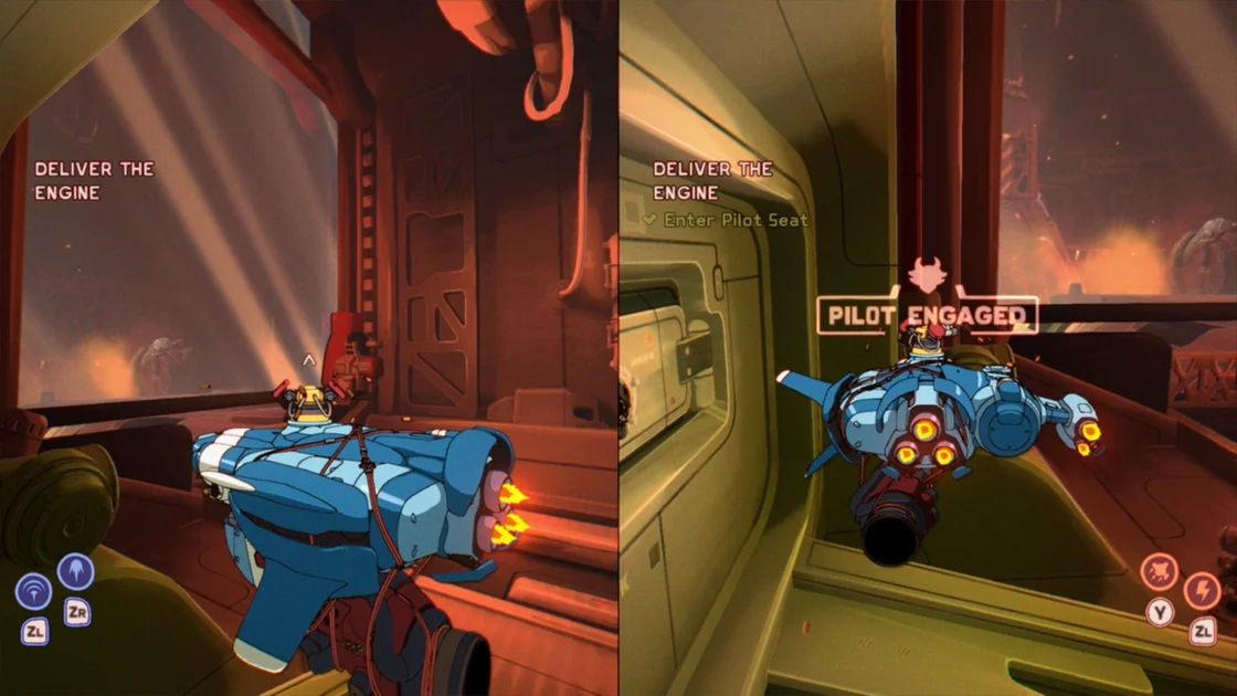 Orbitals screenshot showing a spaceship from two angles