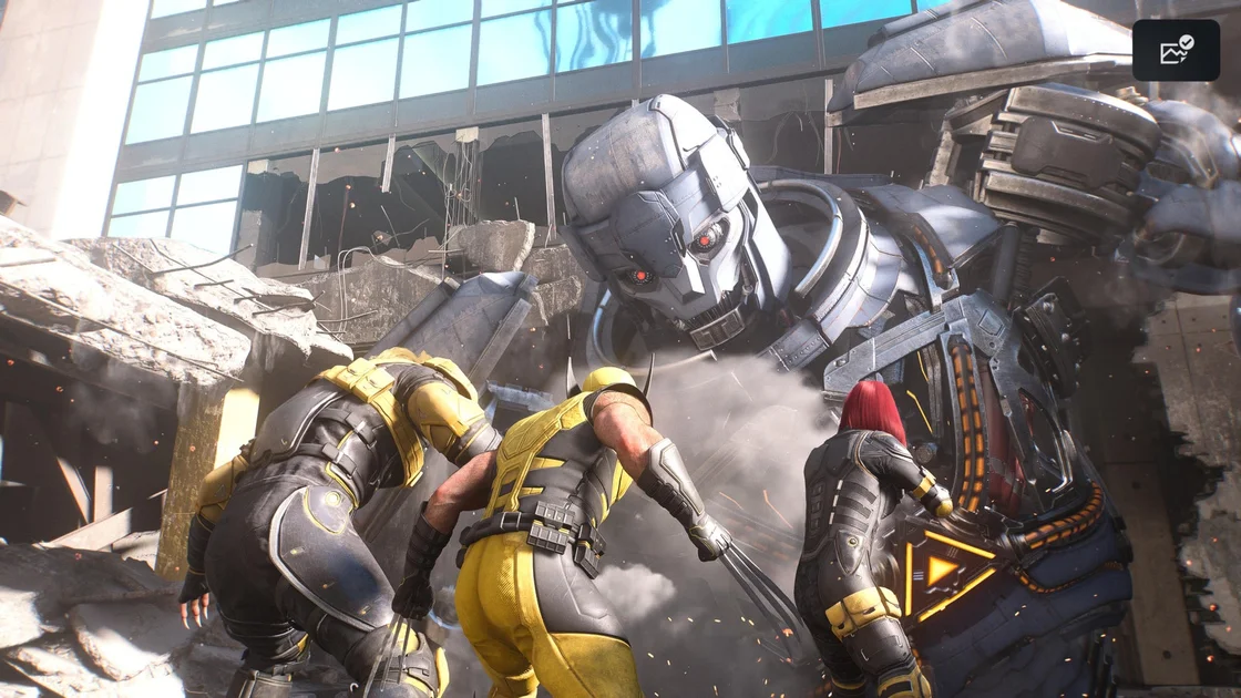 Marvel's Wolverine screenshot showing Wolverine, Sabretooth and Mystique facing off against half a Sentinel