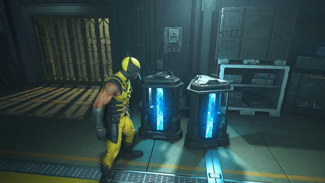 Marvel's Wolverine screenshot showing Wolverine in front of some glowing blue caches