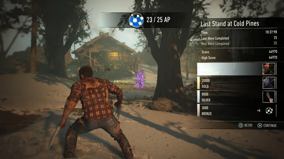 Marvel's Wolverine screenshot showing Logan in front of a cabin with a time trial results sheet to his right