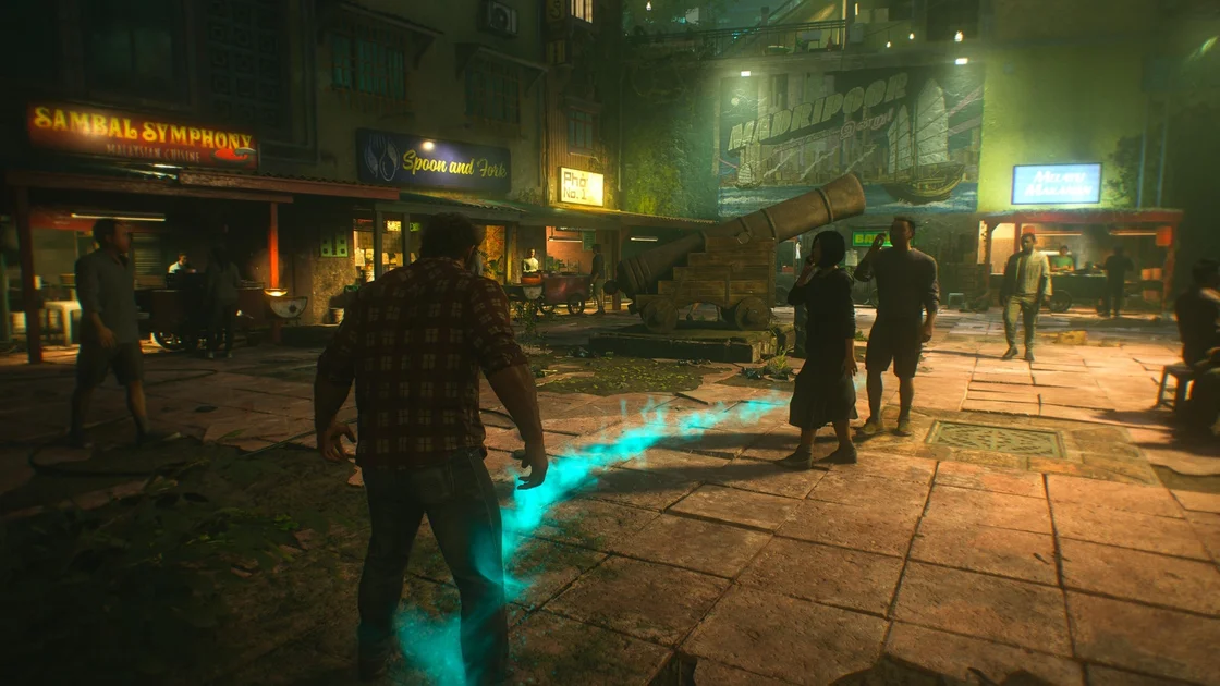 Marvel's Wolverine screenshot showing Logan in a street with a blue scent line in front of him