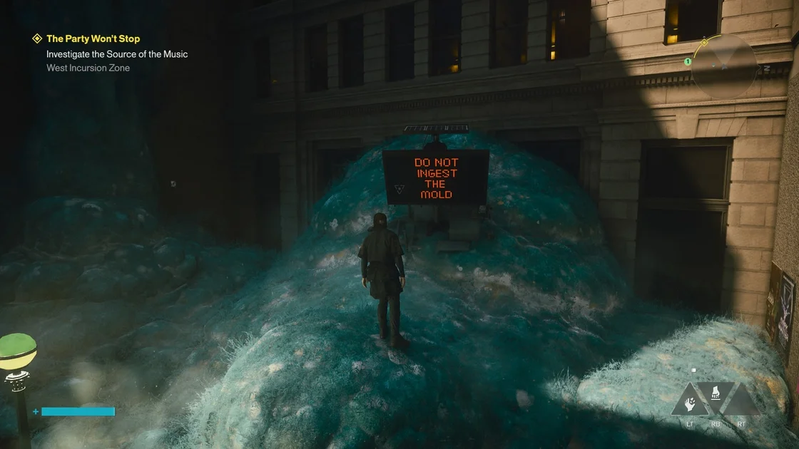 Screenshot of Control Resonant where Dylan is standing on a giant hill of blue mold and looking at a sign that says DO NOT INGEST THE MOLD