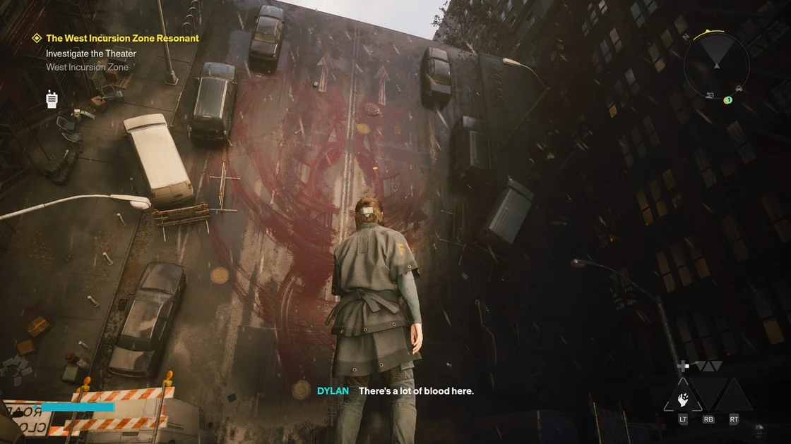 Screenshot of Control Resonant where Dylan is looking at an Inceptioned blood-covered street jutting up vertically in front of him