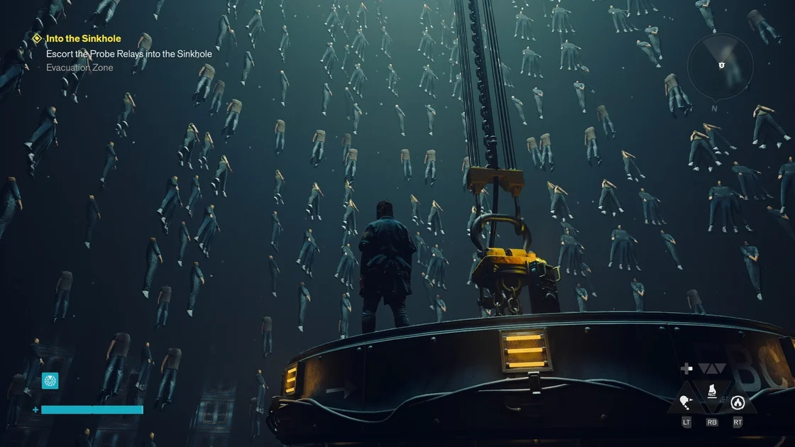 Screenshot of Control Resonant of Dylan standing on a platform surrounded by dozens if not hundreds of floating mutated patterned human bodies