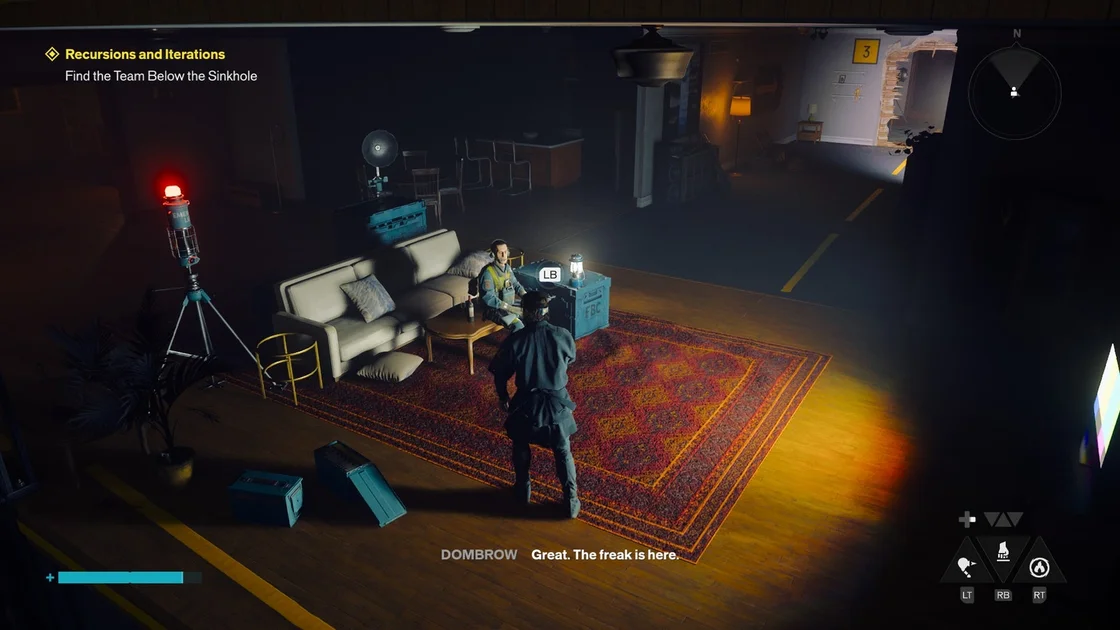 Screenshot of Control Resonant of Dylan meeting a rude FBC agent in a labyrinth of reality-warped apartments
