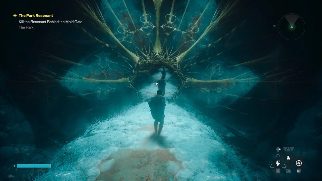 Screenshot of Control Resonant of Dylan preparing to enter a trippy fractal Mold gate that looks like a blue flower