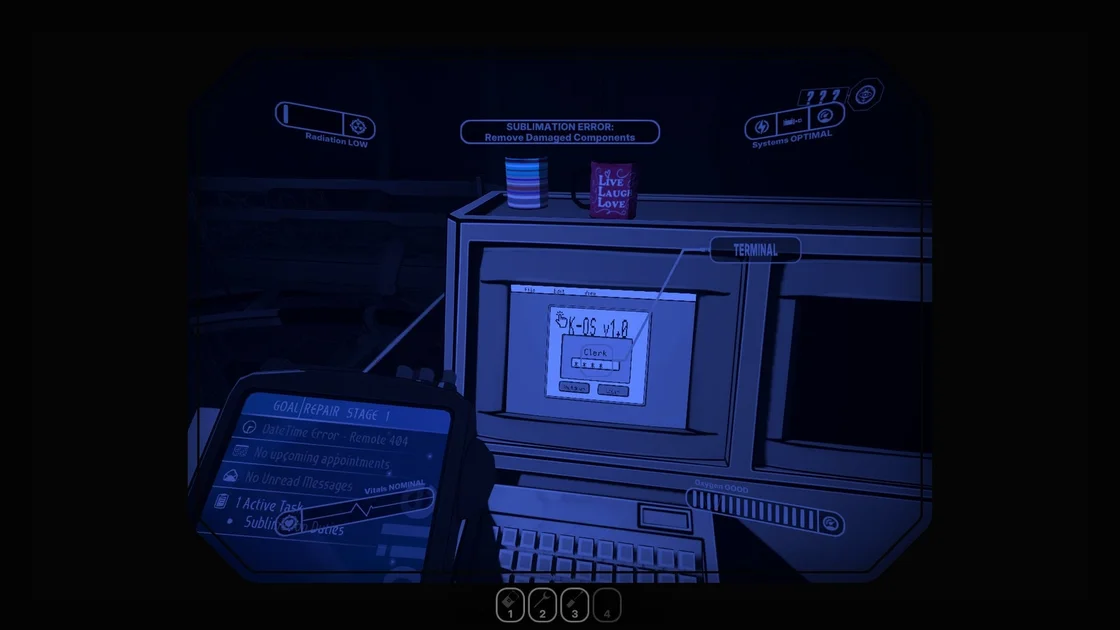 Screenshot of Roman Sands Re:Build showing an old facility terminal screen with two mugs on top of it, including one that says LIVE LAUGH LOVE.