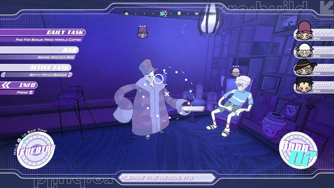 Screenshot of Roman Sands Re:Build showing Betty and Harold in the bar in the evening.