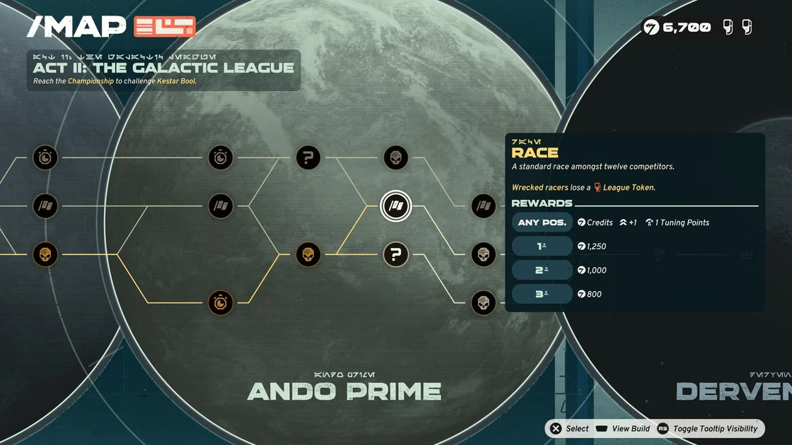 Star Wars: Galactic Racer screenshot showing the map, with an FTL-like choice of planets to race on next