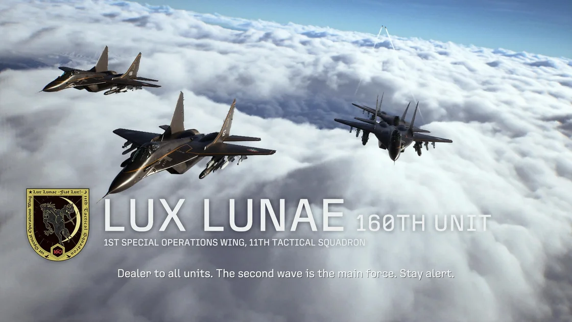 Ace Combat 8: Wings of Theve screenshot showing a trio of black fighter planes: Lux Lunae’s 160th Unit