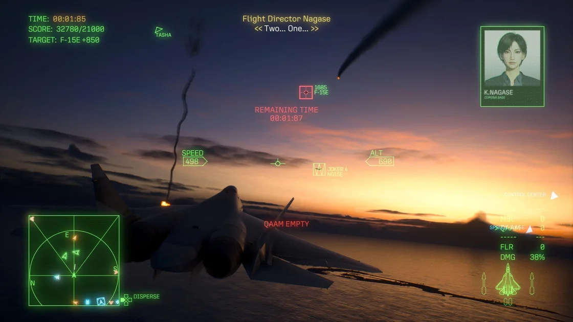 Ace Combat 8: Wings of Theve screenshot showing a third-person view of an Su-57 Felon craft firing a missile at an F-15E at golden hour as a timer ticks below two seconds. A score target of 32780/21000 in the top-left corner reveals it’s been a successful sortie.