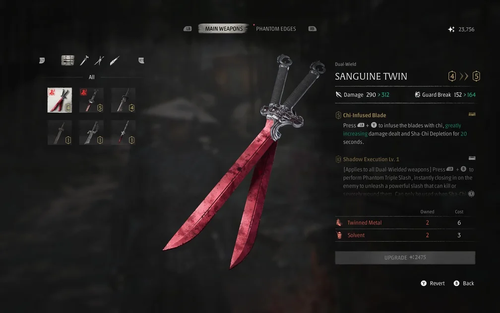 Phantom Blade Zero screenshot showing A game menu showing two twin red blades, and various combinations for their special abilities.