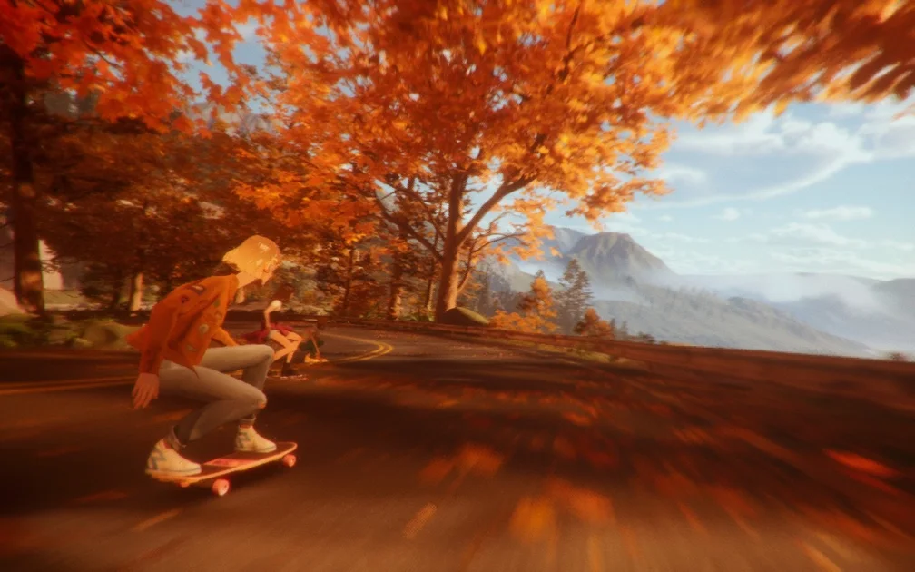 Mixtape screenshot showing Stacey and co skateboarding through autumnal trees in the opening sequence