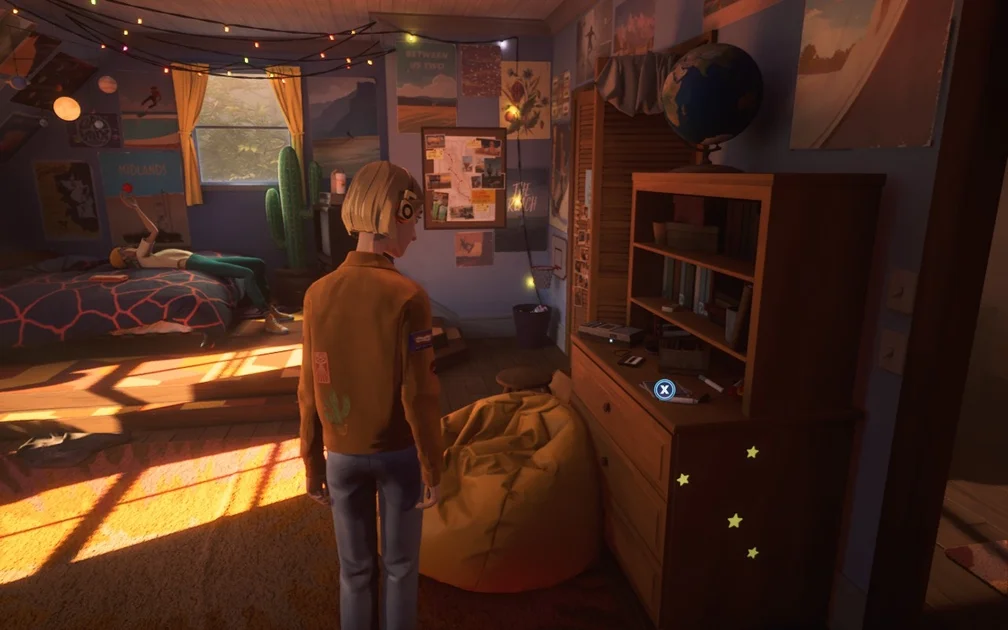 Mixtape screenshot showing Cassandra examining her room, with an option to press X on an item