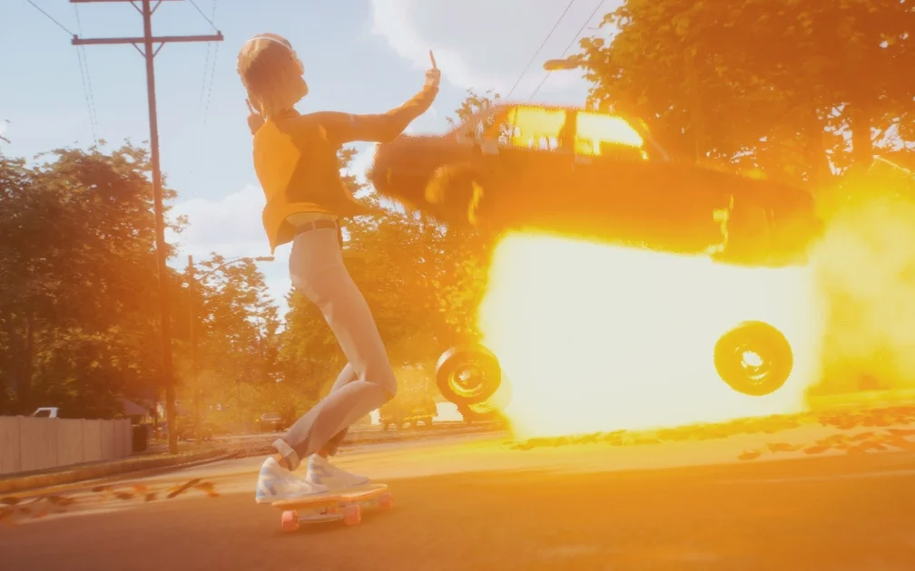 Mixtape screenshot showing Stacey giving the finger to an exploding car while skateboarding by