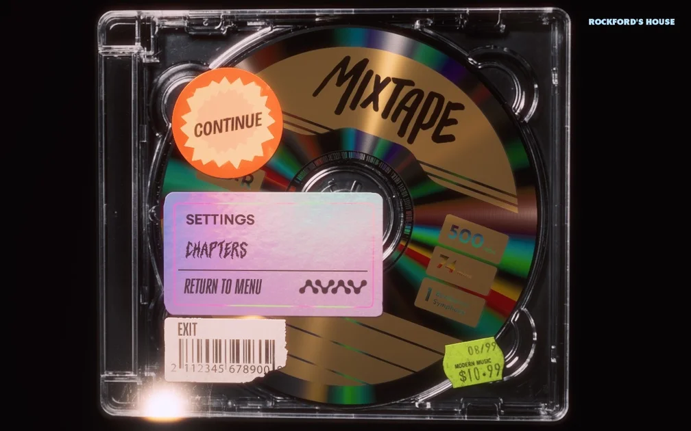 Mixtape screenshot showing the pause menu: a CD inside a battered clear case, with options made out as various labels and stickers
