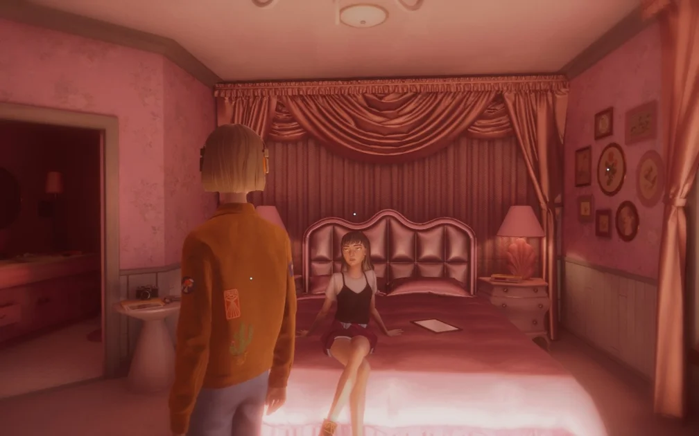 Mixtape screenshot showing Stacey and Cassandra in Cassandra's shiny pink bedroom, Cassandra sat on the bed