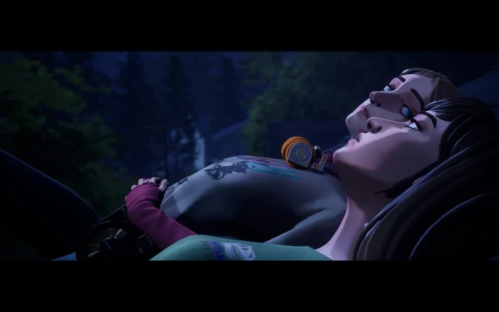 Mixtape screenshot showing Stacey and Cassandra lying next to each other on a rooftop at night, from the side, as Stacey looks over at Cassandra, who's looking up