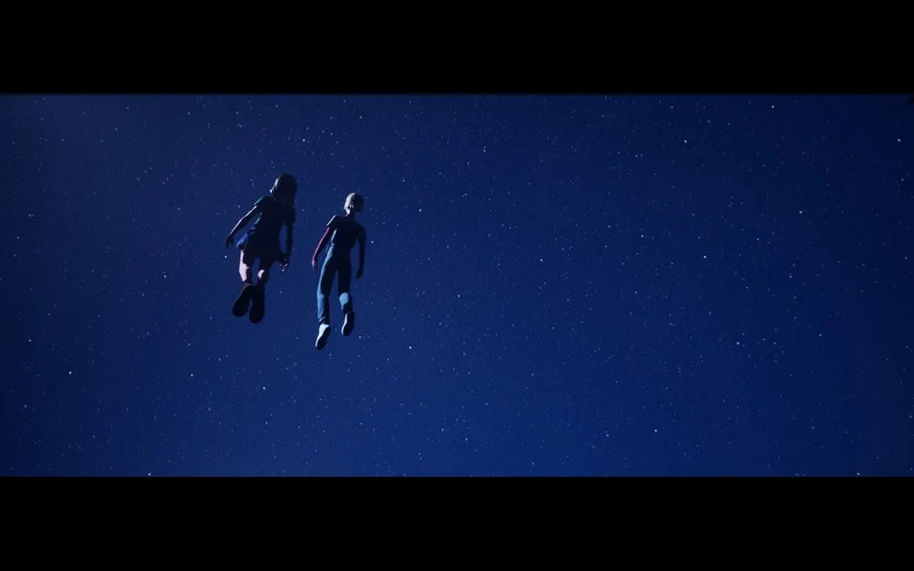 Mixtape screenshot showing Stacey and Cassandra floating up into the night sky