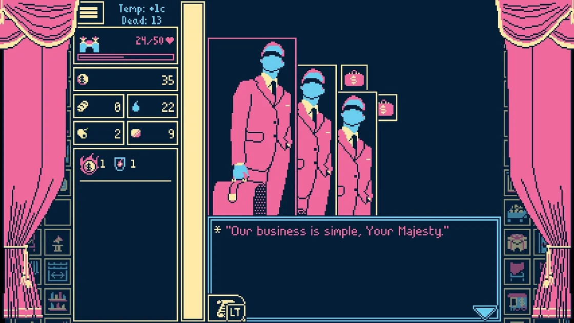 Titanium Court screenshot showing three people in pink suits overlaid on a black baground, between pink curtains