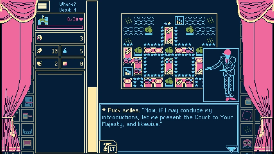 Titanium Court screenshot showing a grid of small icons on a black bacdkground between pink curtains, UI around it and a man in a suit pointing