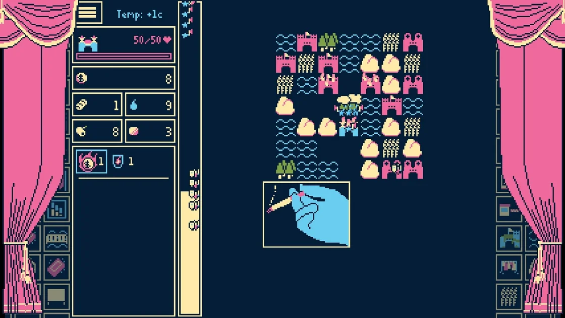 Titanium Court screenshot showing a grid of small icons on a black bacdkground between pink curtains, UI around it and a hand with a cigarette below
