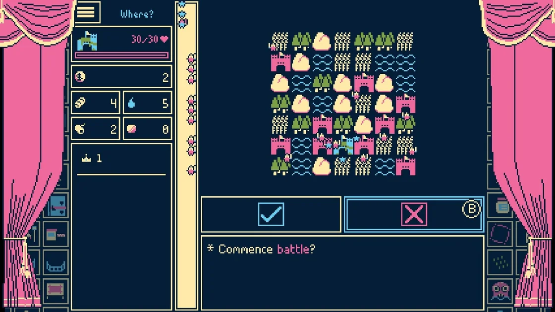 Titanium Court screenshot showing a grid of small icons on a black bacdkground between pink curtains, UI around it