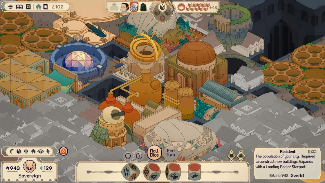 Screenshot from Amberspire showing a close view of buildings including the library, clockworks, distillery, arena, armorer, crystalliser, teahouse, fort, and observatory