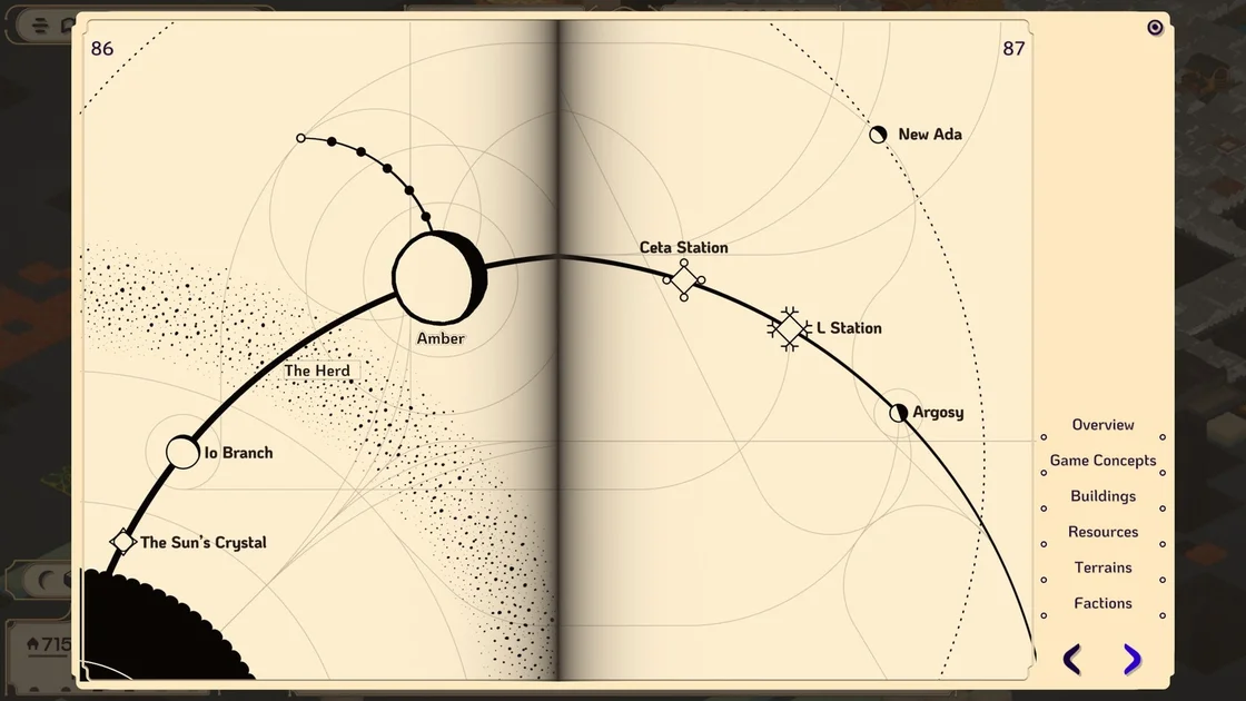 Screenshot from the Amberspire in-game manual showing a map of the Amber system which includes moons and other planets