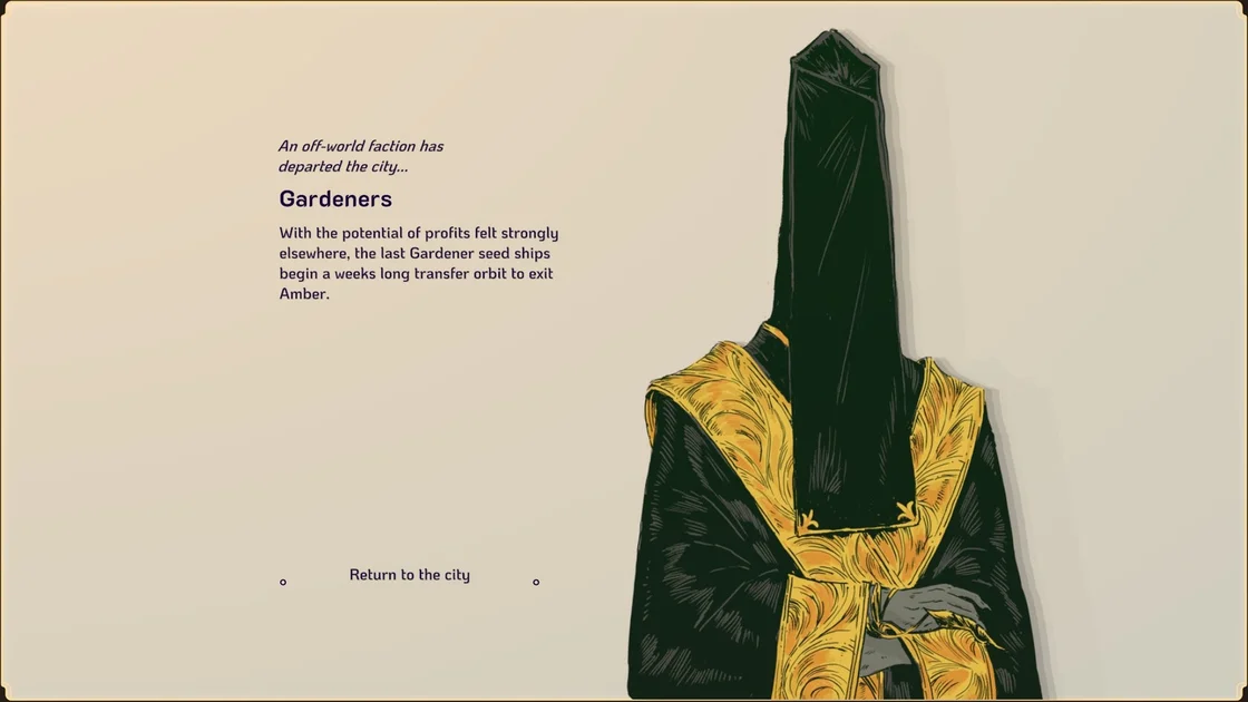Screenshot from Amberspire showing the departure of the Gardeners faction, including a colour illustration of a possible humanoid with a tall monolith-shaped head draped in black fabric