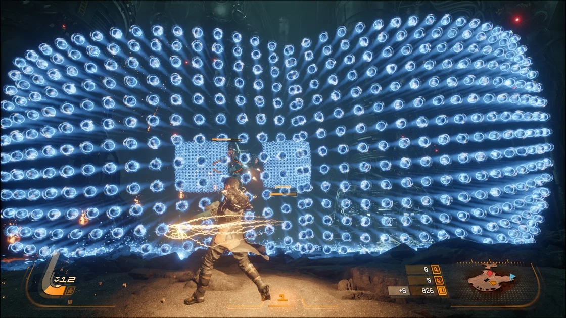 A screenshot of Saros: showing the player attempting to dodge through two curved grids of blue projectiles.