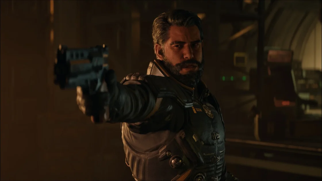 A screenshot of Saros, showing the protagonist Arjun pointing a gun at someone or something off camera.